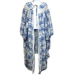 Davi & Dani Long Kimono Lace Trim Watercolor Baloon Sleeve Wrap Plus One Size
